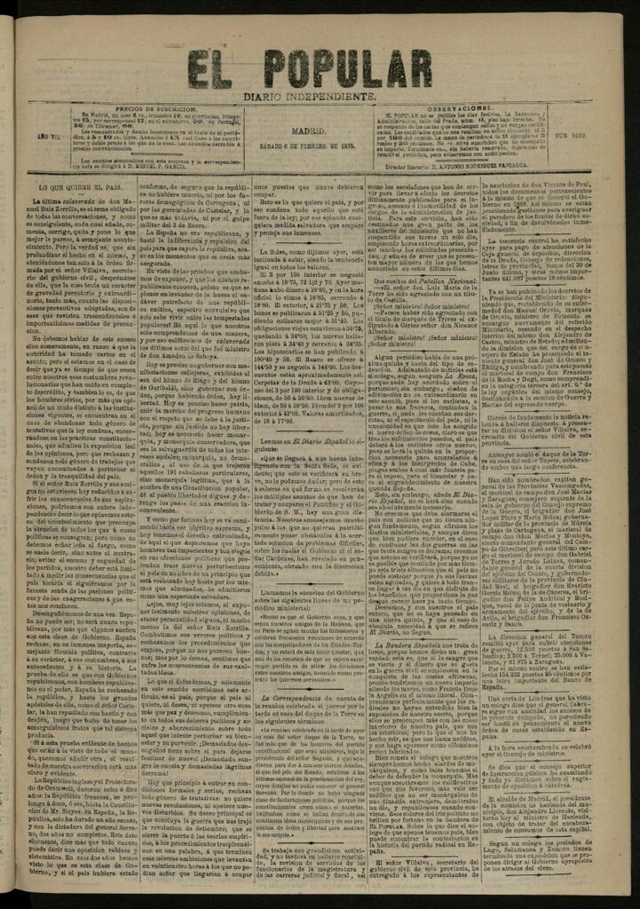 Miniatura de El Popular: diario independiente, político, literario y de noticias de interés general del 6 de febrero de 1875, nº 1699