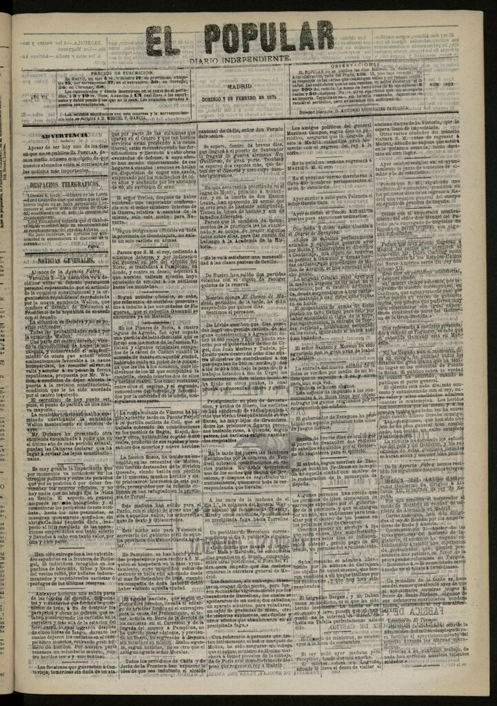 Miniatura de El Popular: diario independiente, político, literario y de noticias de interés general del 7 de febrero de 1875, nº 1699 [sic]