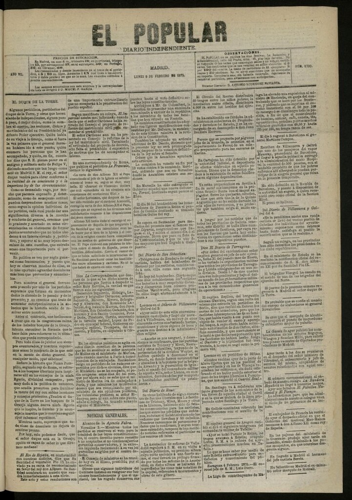 Miniatura de El Popular: diario independiente, político, literario y de noticias de interés general del 8 de febrero de 1875, nº 1700