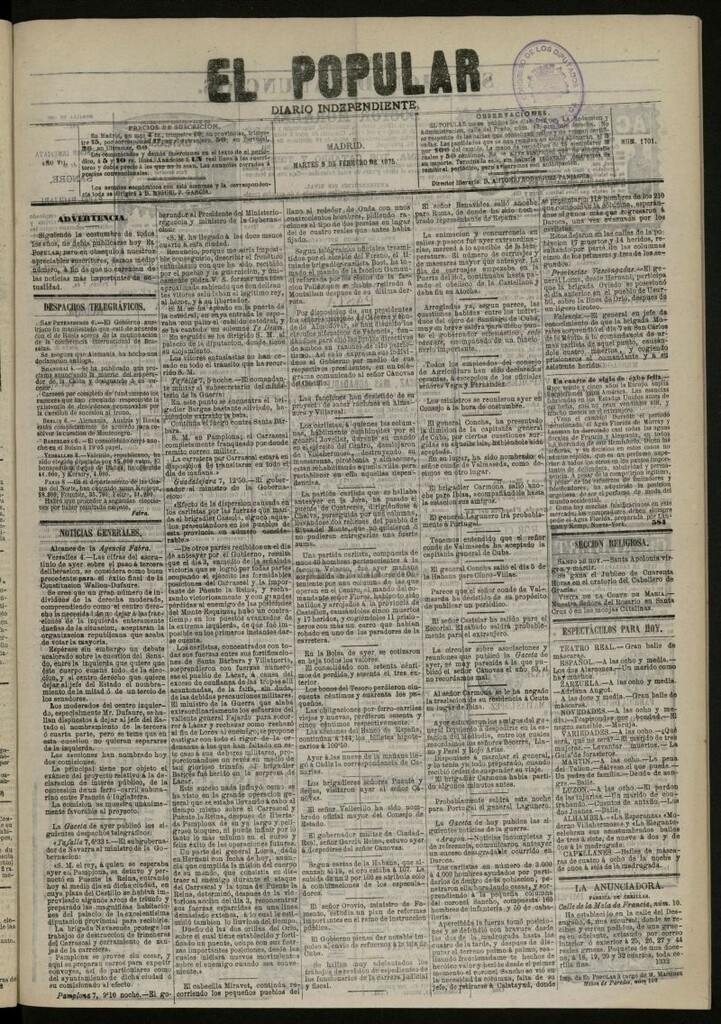 Miniatura de El Popular: diario independiente, político, literario y de noticias de interés general del 9 de febrero de 1875, nº 1701