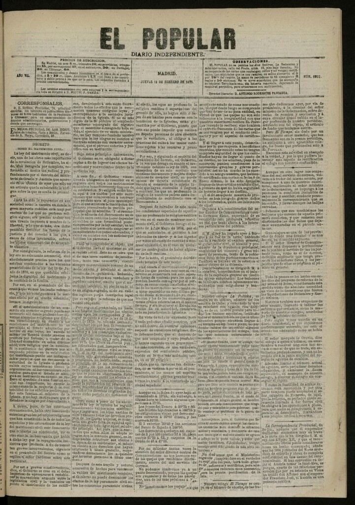 Miniatura de El Popular: diario independiente, político, literario y de noticias de interés general del 11 de febrero de 1875, nº 1702