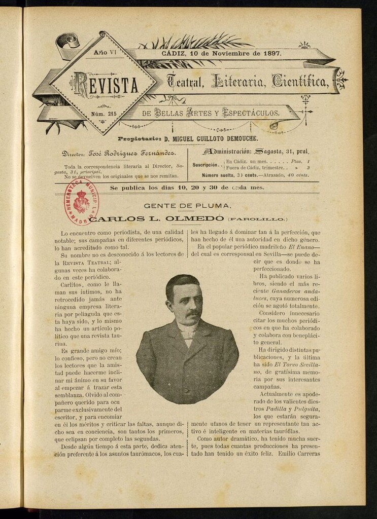 Miniatura de Revista Teatral, Literaria, Científica, de Bellas Artes y Espectáculos. Nº 215