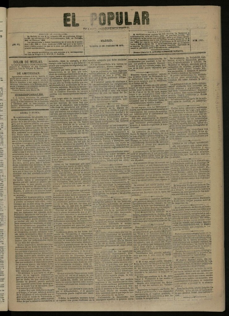 Miniatura de El Popular: diario independiente, político, literario y de noticias de interés general del 12 de febrero de 1875, nº 1703