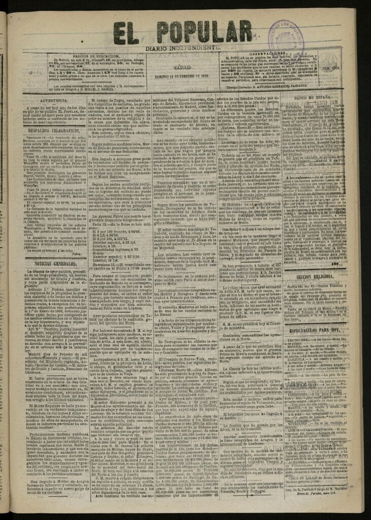 Miniatura de El Popular: diario independiente, político, literario y de noticias de interés general del 14 de febrero de 1875, nº 1704 [sic]