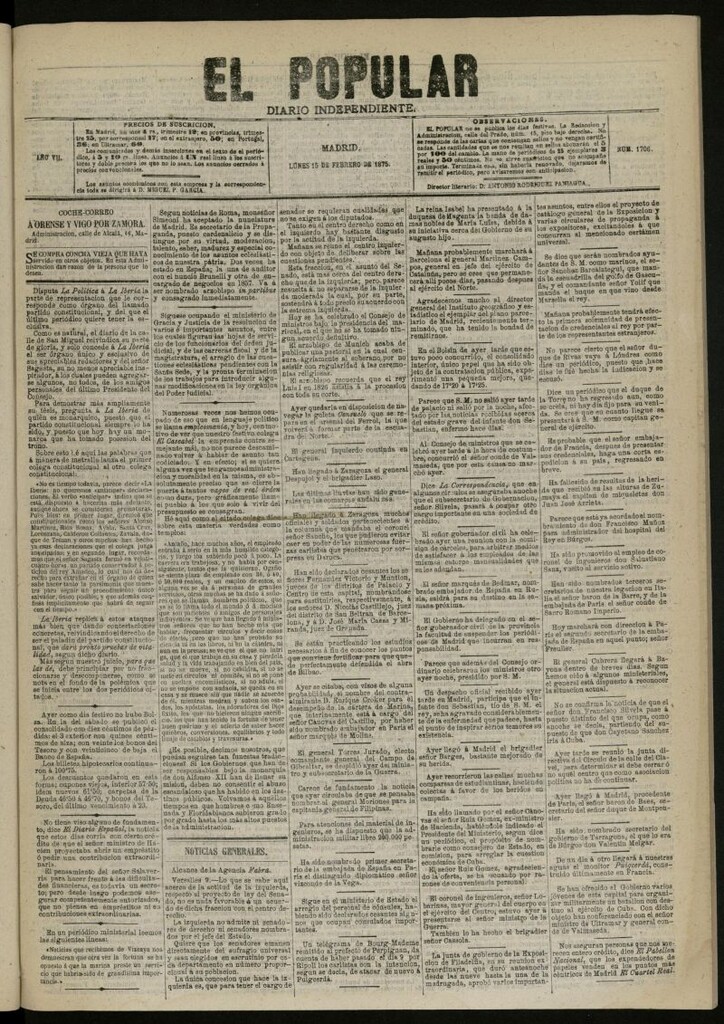 Miniatura de El Popular: diario independiente, político, literario y de noticias de interés general del 15 de febrero de 1875, nº 1706