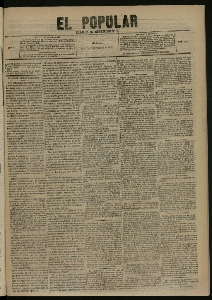 Miniatura de El Popular: diario independiente, político, literario y de noticias de interés general del 16 de febrero de 1875, nº 1707