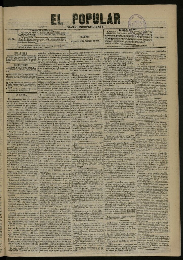 Miniatura de El Popular: diario independiente, político, literario y de noticias de interés general del 17 de febrero de 1875, nº 1708