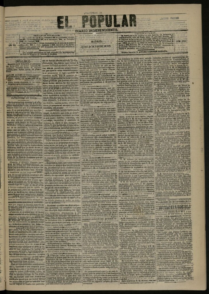 Miniatura de El Popular: diario independiente, político, literario y de noticias de interés general del 18 de febrero de 1875, nº 1709
