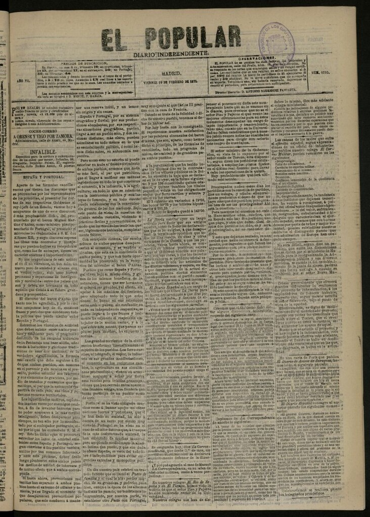 Miniatura de El Popular: diario independiente, político, literario y de noticias de interés general del 19 de febrero de 1875, nº 1710