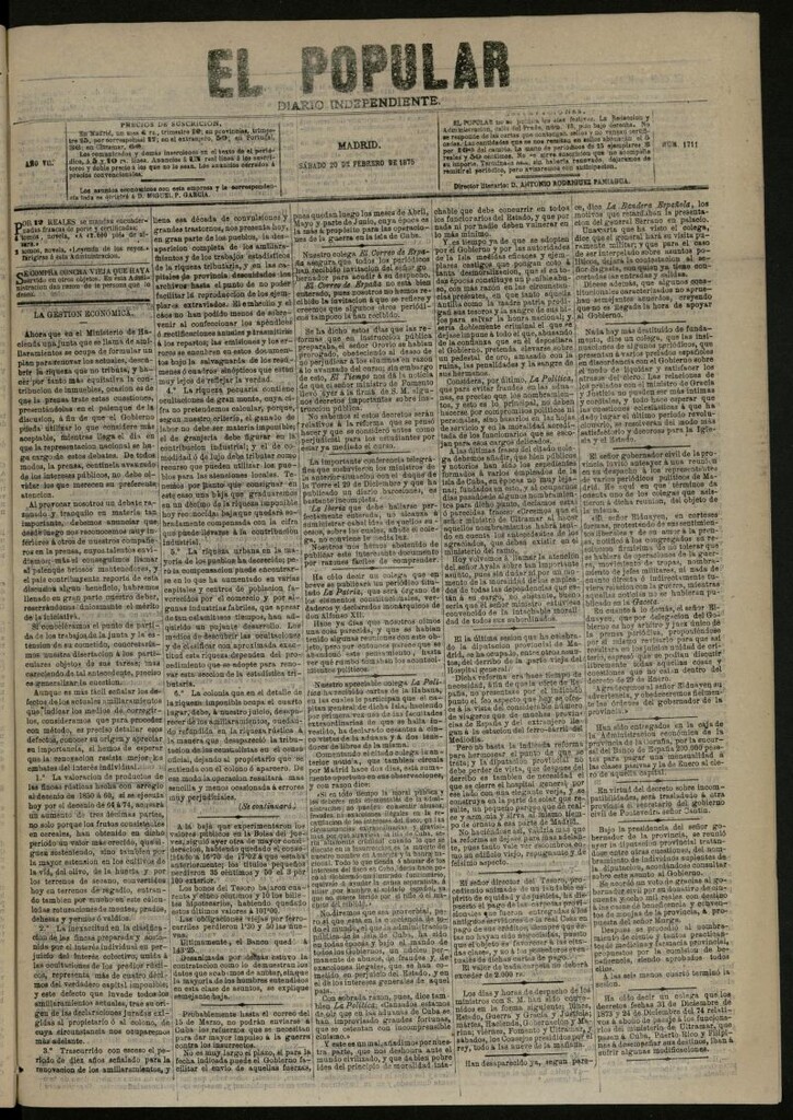 Miniatura de El Popular: diario independiente, político, literario y de noticias de interés general del 20 de febrero de 1875, nº 1711