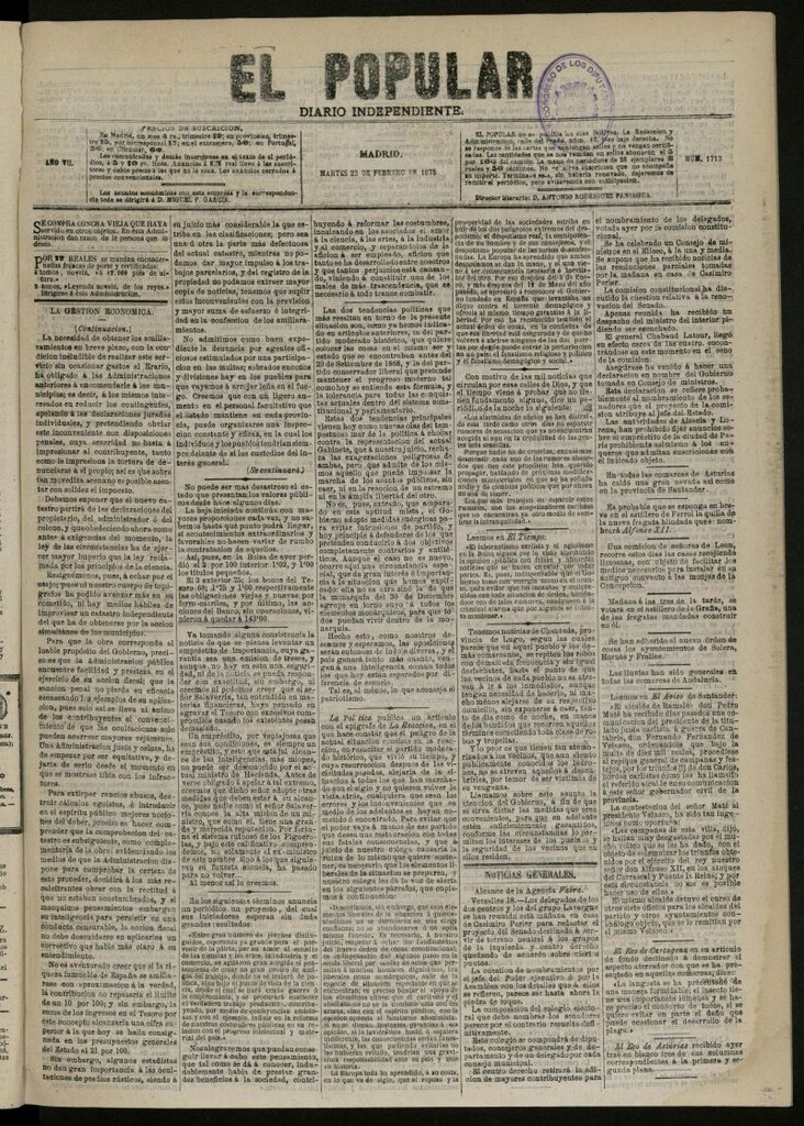 Miniatura de El Popular: diario independiente, político, literario y de noticias de interés general del 23 de febrero de 1875, nº 1713