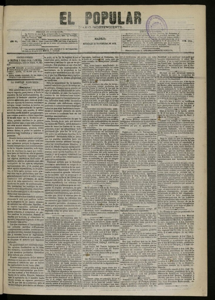 Miniatura de El Popular: diario independiente, político, literario y de noticias de interés general del 24 de febrero de 1875, nº 1714