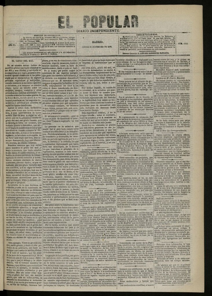 Miniatura de El Popular: diario independiente, político, literario y de noticias de interés general del 25 de febrero de 1875, nº 1715