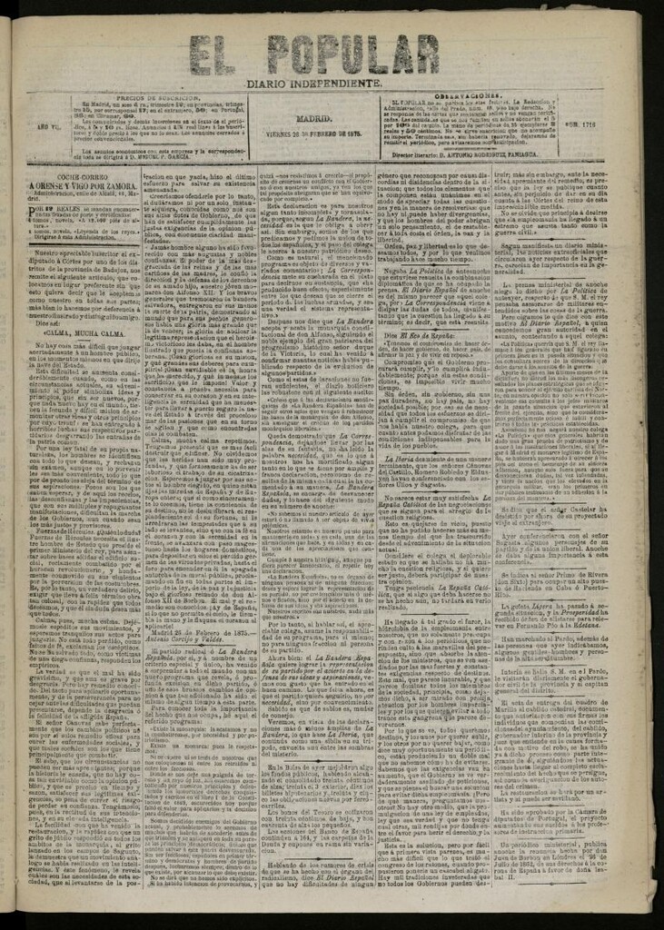 Miniatura de El Popular: diario independiente, político, literario y de noticias de interés general del 26 de febrero de 1875, nº 1716