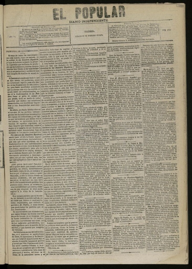 Miniatura de El Popular: diario independiente, político, literario y de noticias de interés general del 27 de febrero de 1875, nº 1717