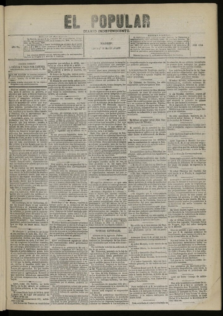 Miniatura de El Popular: diario independiente, político, literario y de noticias de interés general del 1 de marzo de 1875, nº 1718