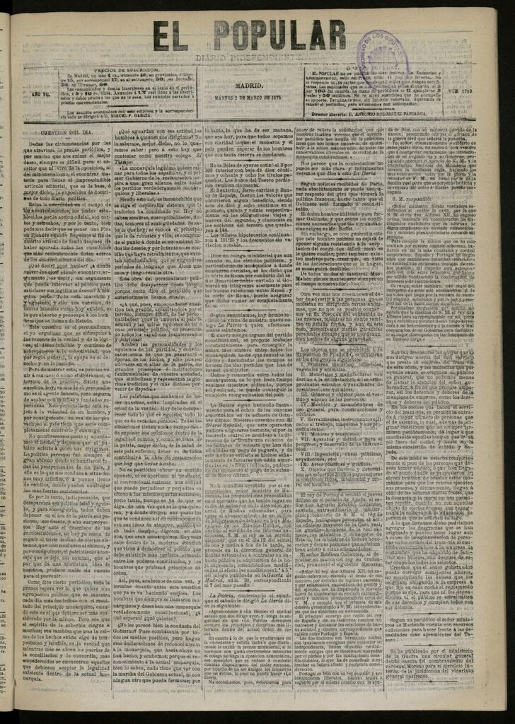 Miniatura de El Popular: diario independiente, político, literario y de noticias de interés general del 2 de marzo de 1875, nº 1719