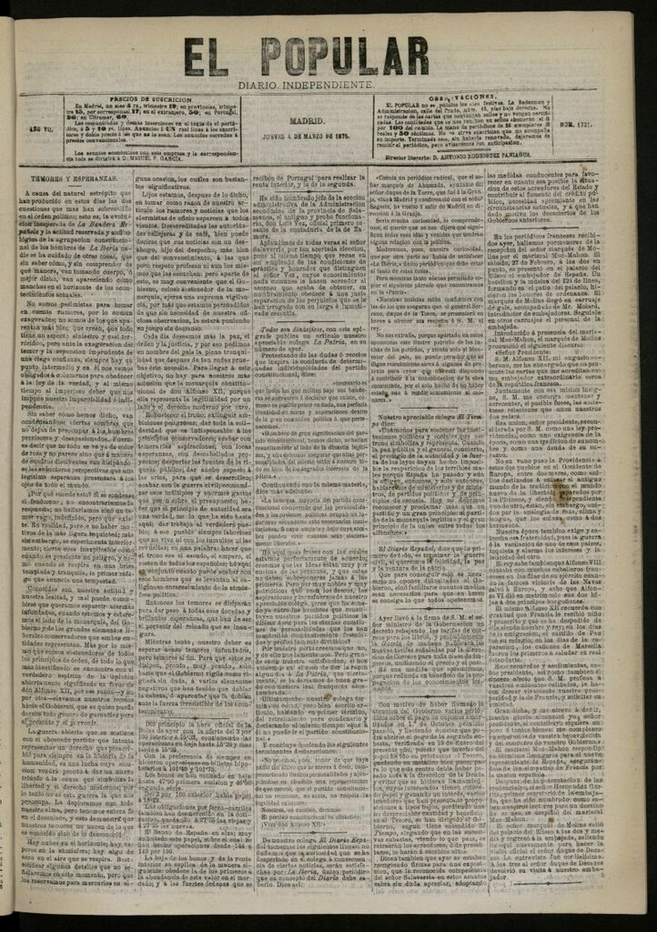 Miniatura de El Popular: diario independiente, político, literario y de noticias de interés general del 4 de marzo de 1875, nº 1721