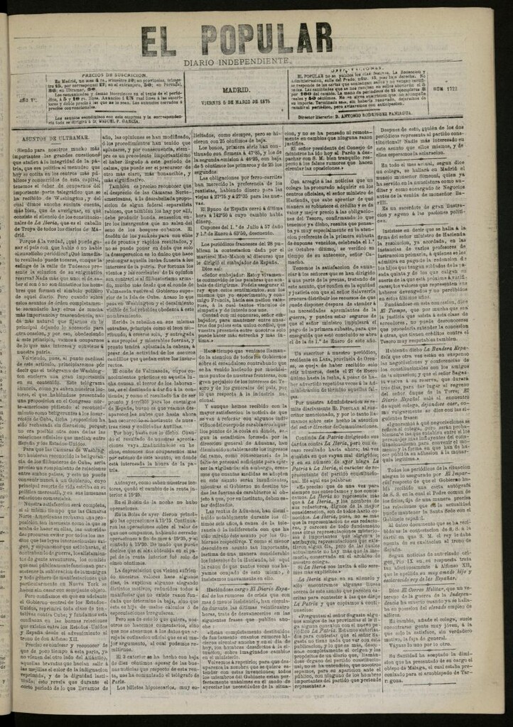 Miniatura de El Popular: diario independiente, político, literario y de noticias de interés general del 5 de marzo de 1875, nº 1722