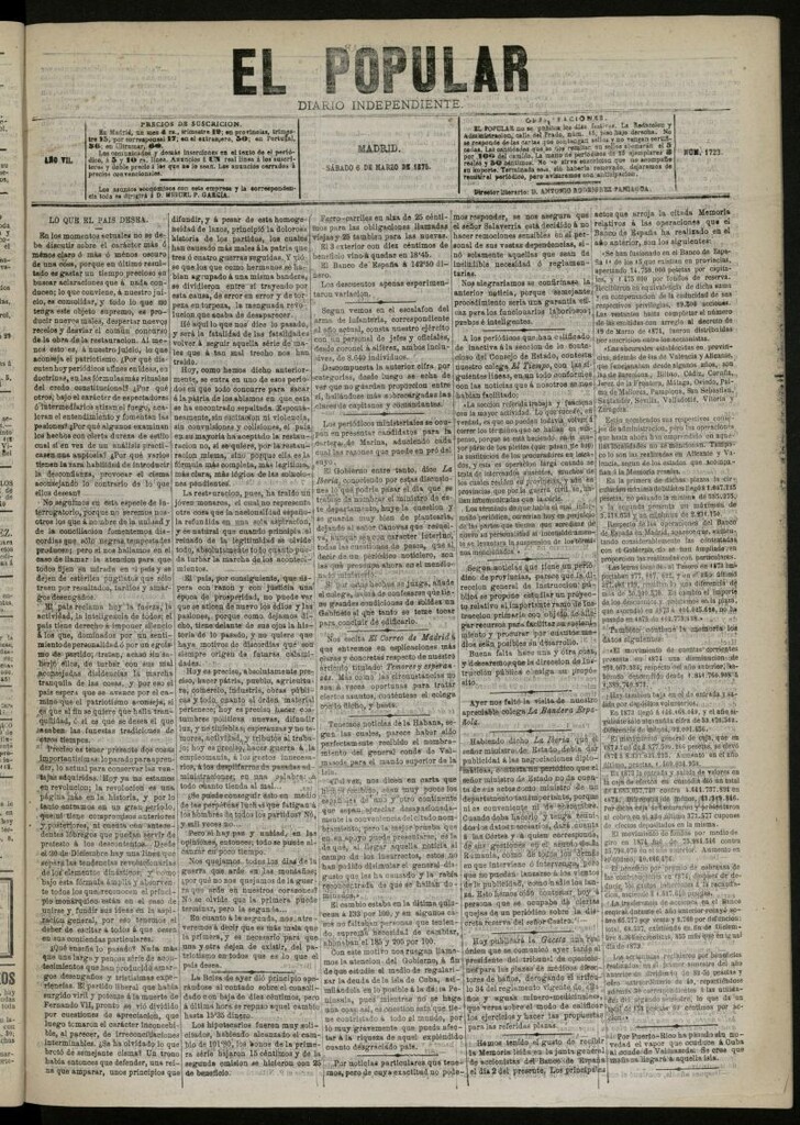 Miniatura de El Popular: diario independiente, político, literario y de noticias de interés general del 6 de marzo de 1875, nº 1723