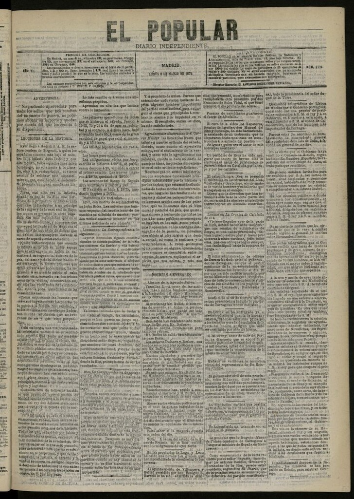 Miniatura de El Popular: diario independiente, político, literario y de noticias de interés general del 8 de marzo de 1875, nº 1724