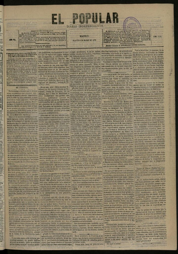 Miniatura de El Popular: diario independiente, político, literario y de noticias de interés general del 9 de marzo de 1875, nº 1725