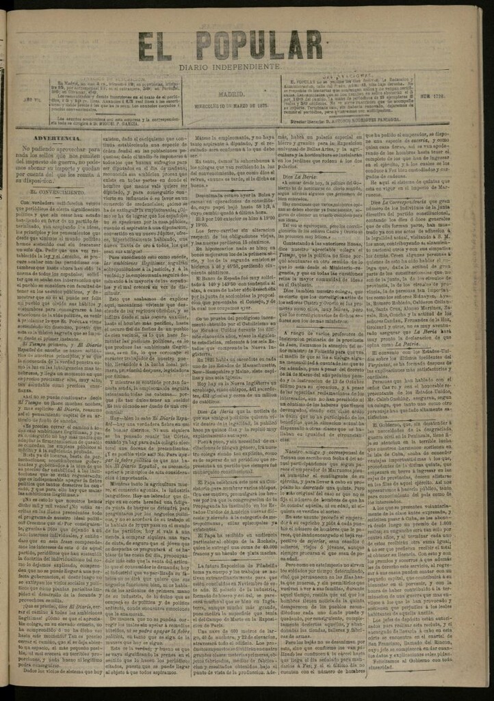 Miniatura de El Popular: diario independiente, político, literario y de noticias de interés general del 10 de marzo de 1875, nº 1726
