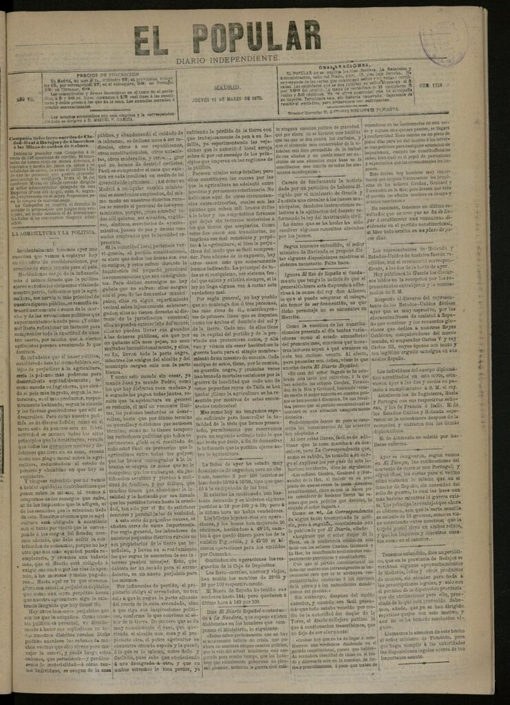 Miniatura de El Popular: diario independiente, político, literario y de noticias de interés general del 11 de marzo de 1875, nº 1727