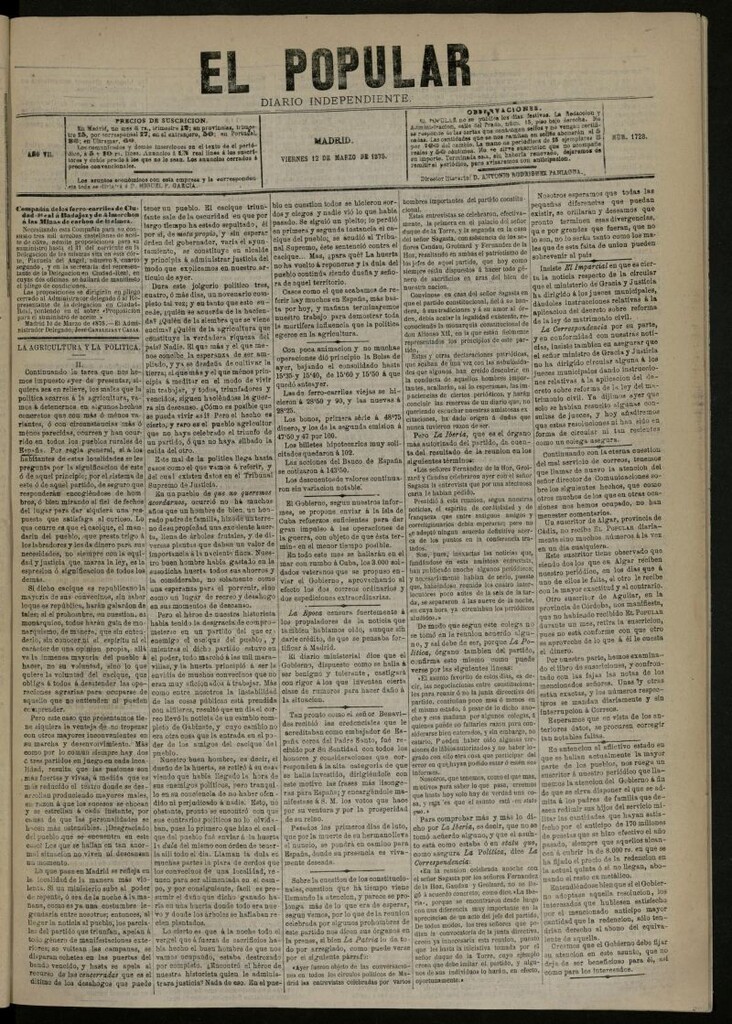 Miniatura de El Popular: diario independiente, político, literario y de noticias de interés general del 12 de marzo de 1875, nº 1728