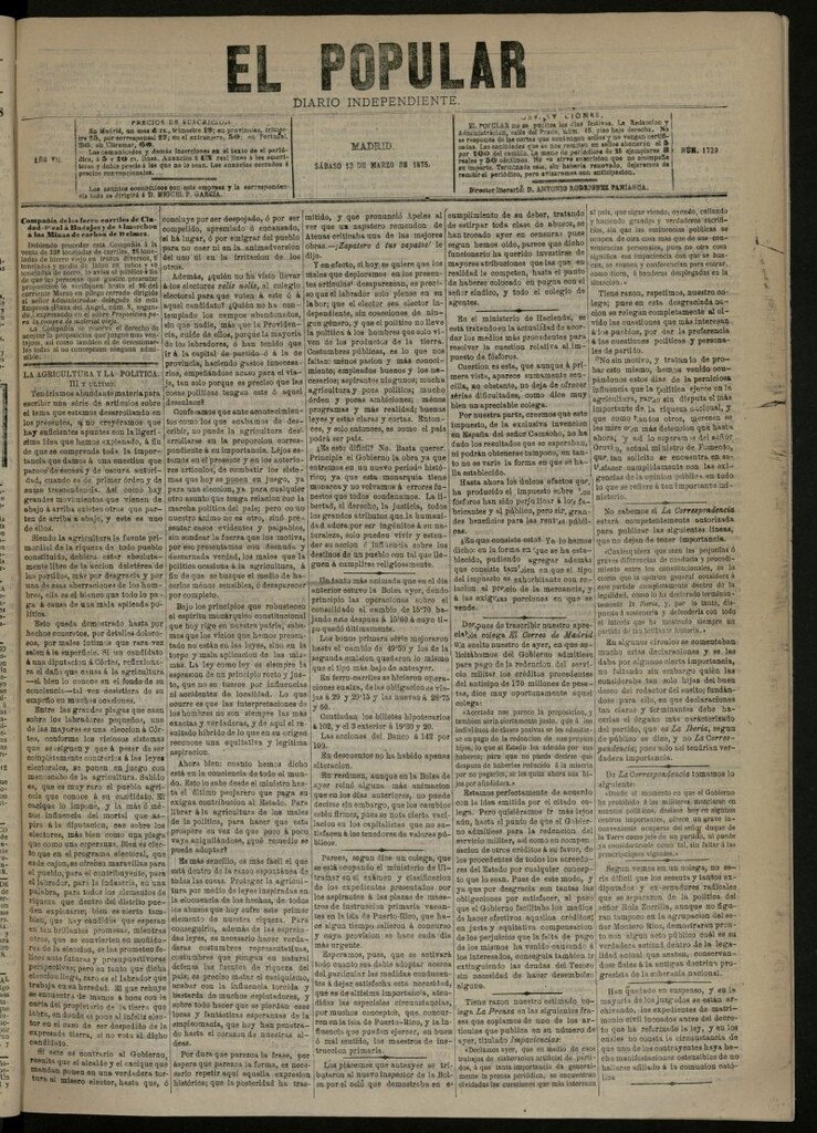 Miniatura de El Popular: diario independiente, político, literario y de noticias de interés general del 13 de marzo de 1875, nº 1729