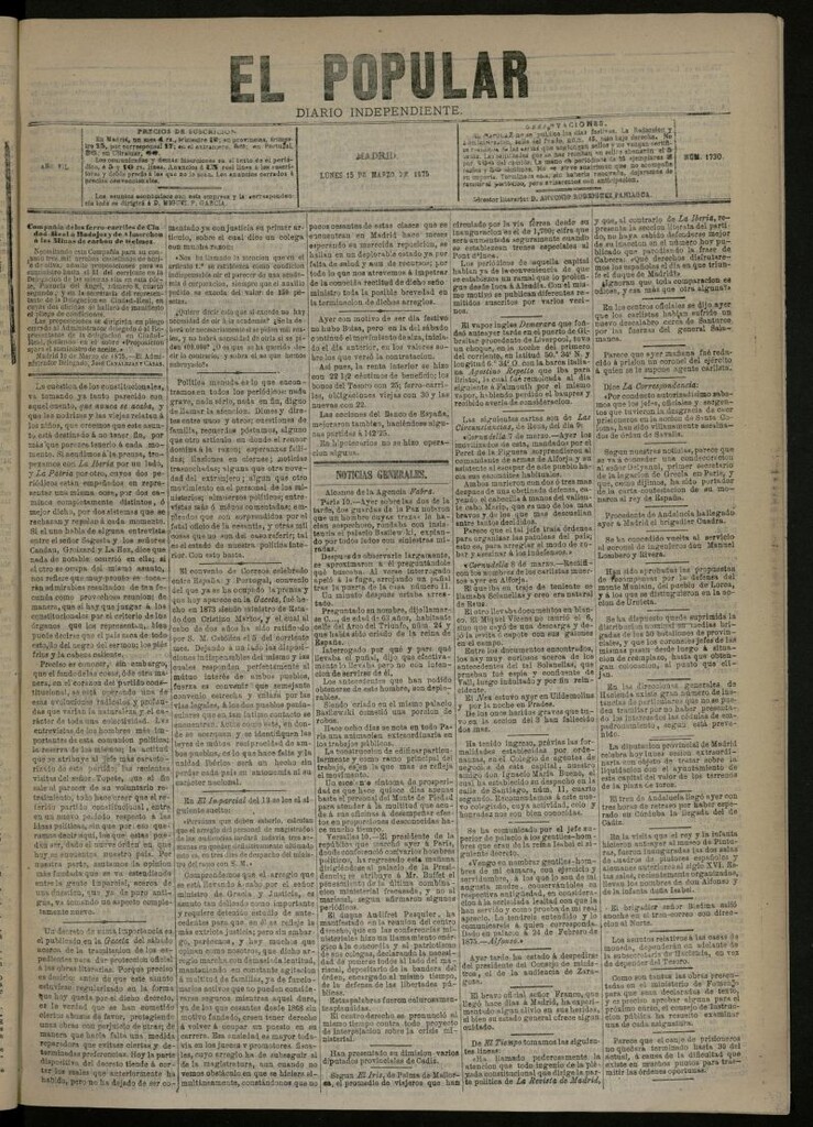 Miniatura de El Popular: diario independiente, político, literario y de noticias de interés general del 15 de marzo de 1875, nº 1730