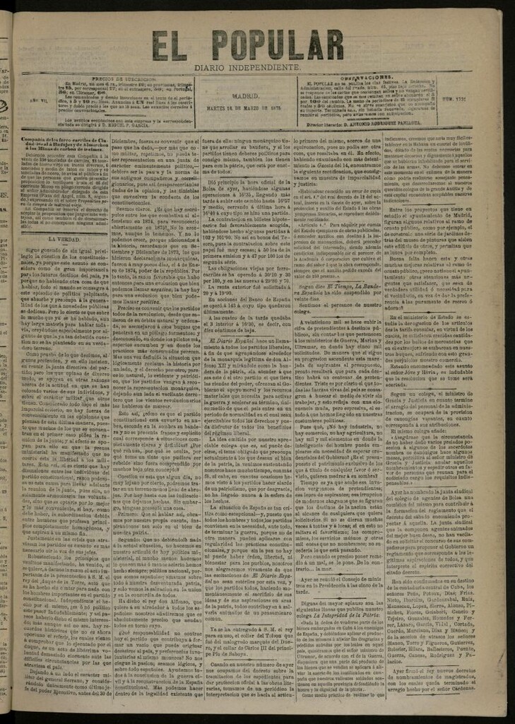 Miniatura de El Popular: diario independiente, político, literario y de noticias de interés general del 16 de marzo de 1875, nº 1731
