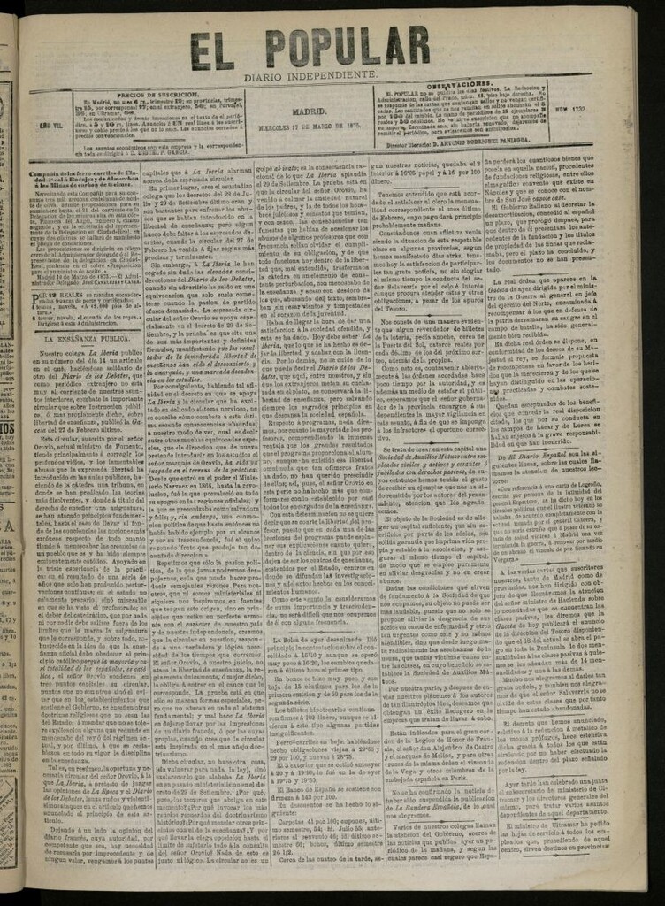 Miniatura de El Popular: diario independiente, político, literario y de noticias de interés general del 17 de marzo de 1875, nº 1732