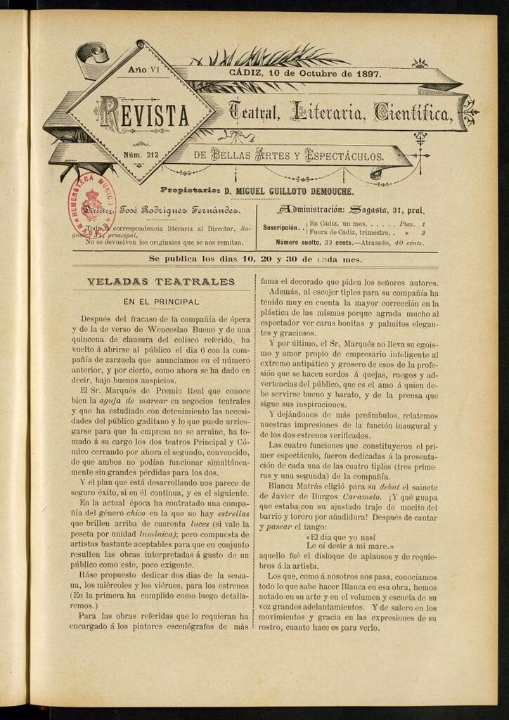 Miniatura de Revista Teatral, Literaria, Científica, de Bellas Artes y Espectáculos. Nº 212