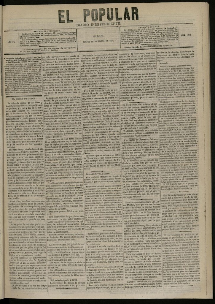 Miniatura de El Popular: diario independiente, político, literario y de noticias de interés general del 18 de marzo de 1875, nº 1733