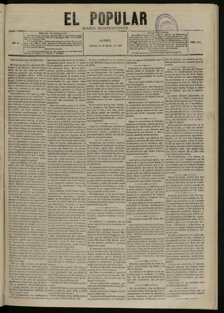 Miniatura de El Popular: diario independiente, político, literario y de noticias de interés general del 19 de marzo de 1875, nº 1734