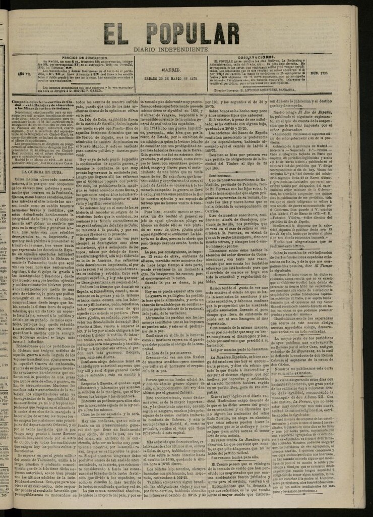 Miniatura de El Popular: diario independiente, político, literario y de noticias de interés general del 20 de marzo de 1875, nº 1735