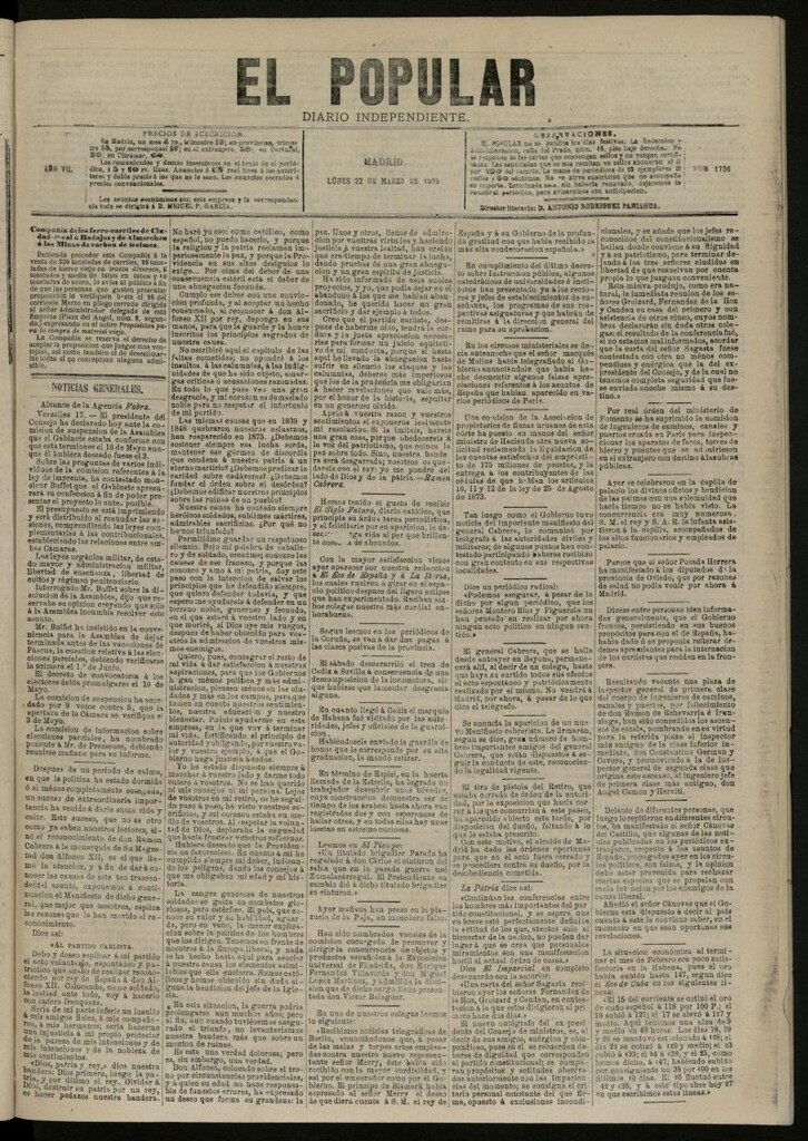 Miniatura de El Popular: diario independiente, político, literario y de noticias de interés general del 22 de marzo de 1875, nº 1736