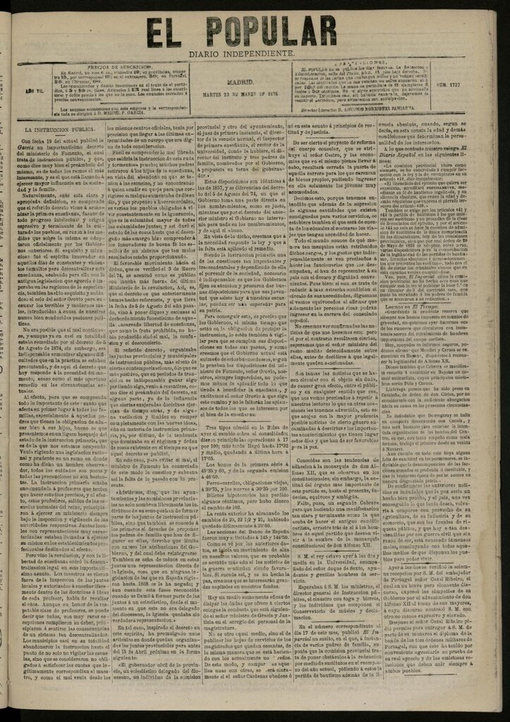 Miniatura de El Popular: diario independiente, político, literario y de noticias de interés general del 23 de marzo de 1875, nº 1737
