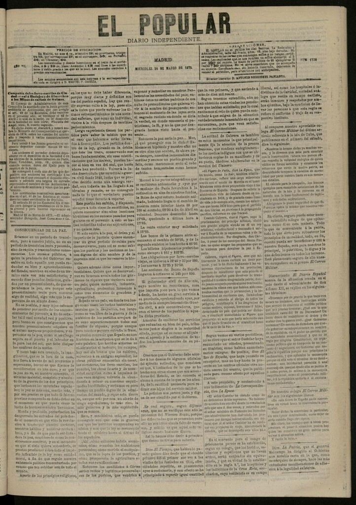 Miniatura de El Popular: diario independiente, político, literario y de noticias de interés general del 24 de marzo de 1875, nº 1738