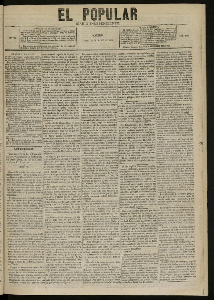 Miniatura de El Popular: diario independiente, político, literario y de noticias de interés general del 25 de marzo de 1875, nº 1739