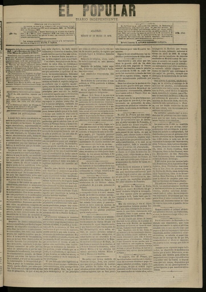 Miniatura de El Popular: diario independiente, político, literario y de noticias de interés general del 27 de marzo de 1875, nº 1740