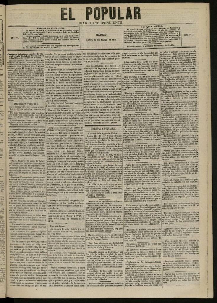 Miniatura de El Popular: diario independiente, político, literario y de noticias de interés general del 29 de marzo de 1875, nº 1741