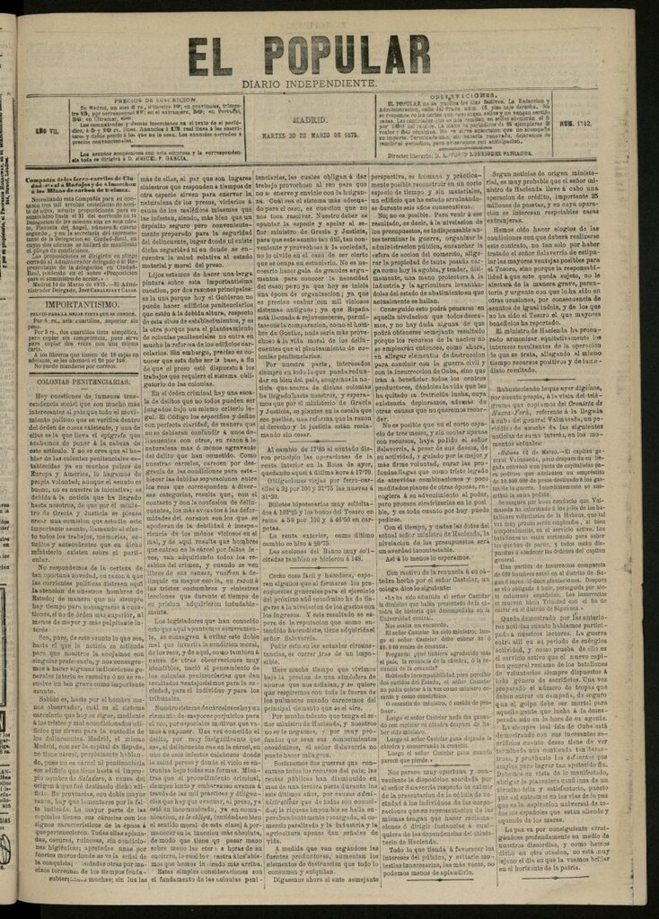 Miniatura de El Popular: diario independiente, político, literario y de noticias de interés general del 30 de marzo de 1875, nº 1742