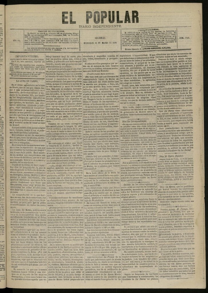 Miniatura de El Popular: diario independiente, político, literario y de noticias de interés general del 31 de marzo de 1875, nº 1743