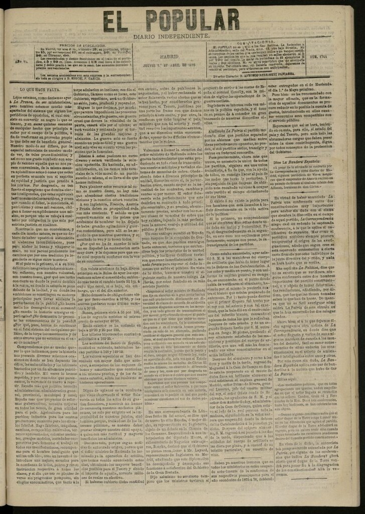 Miniatura de El Popular: diario independiente, político, literario y de noticias de interés general del 1 de abril de 1875, nº 1744