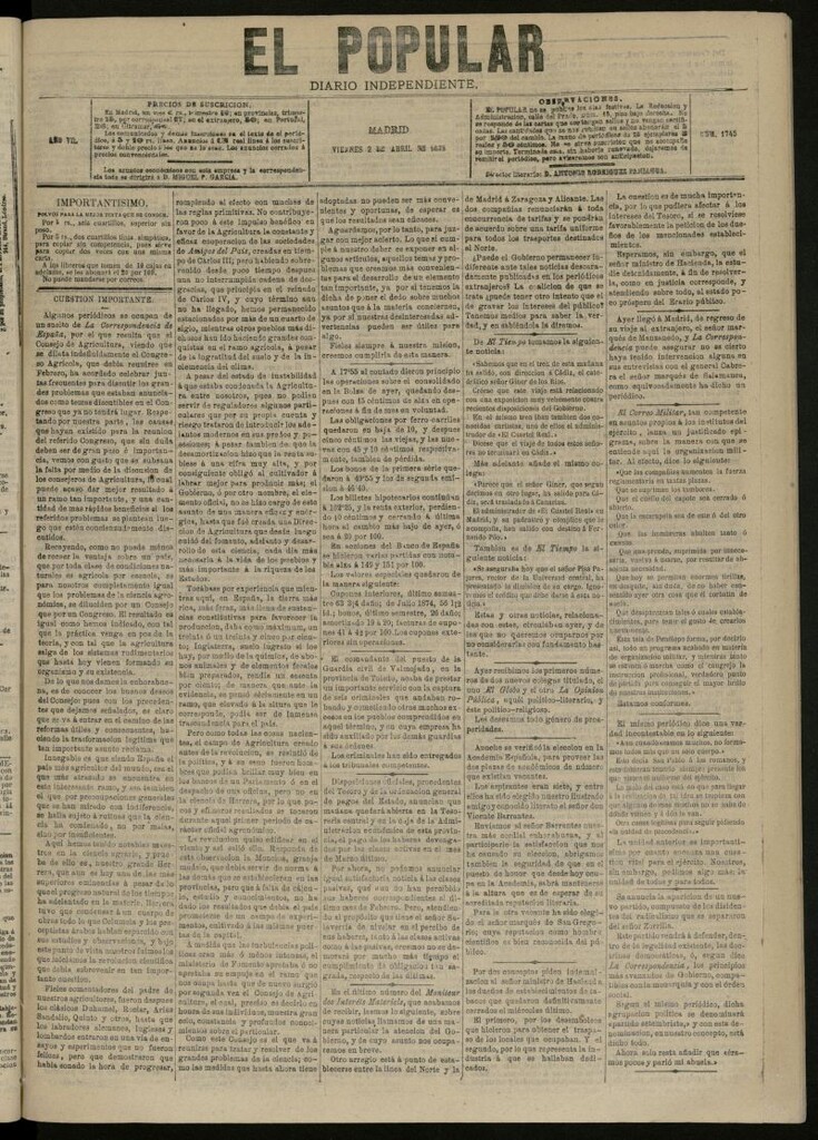 Miniatura de El Popular: diario independiente, político, literario y de noticias de interés general del 2 de abril de 1875, nº 1745