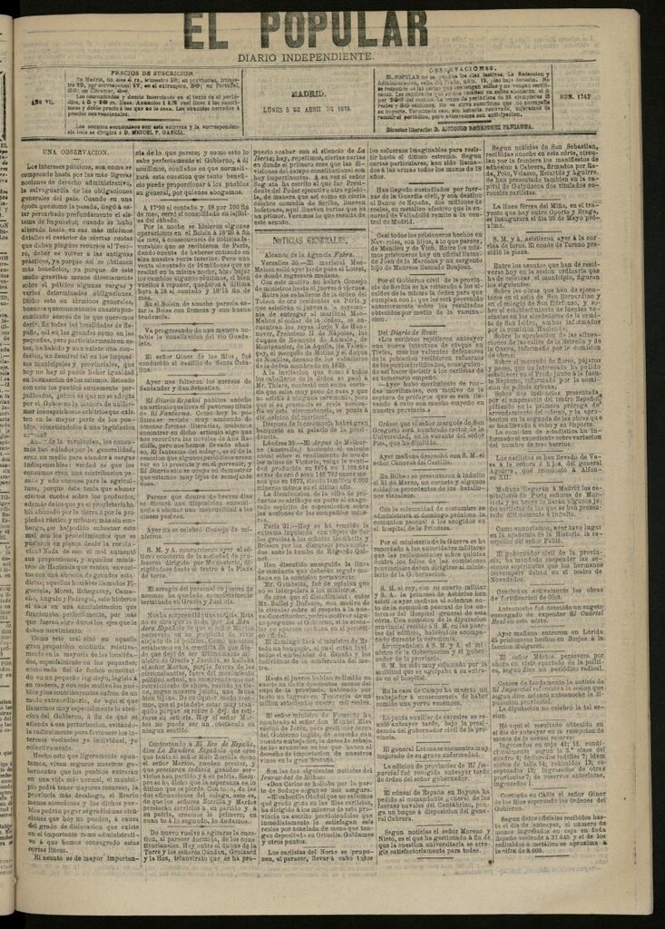 Miniatura de El Popular: diario independiente, político, literario y de noticias de interés general del 5 de abril de 1875, nº 1747
