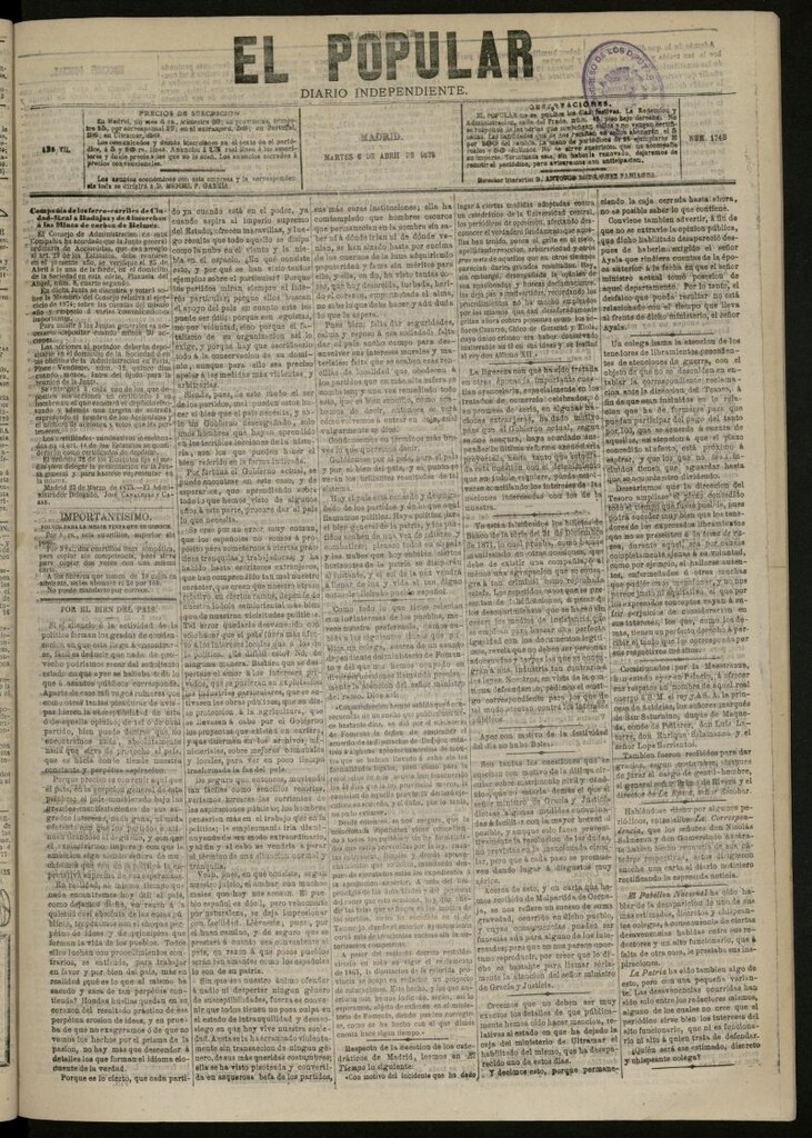 Miniatura de El Popular: diario independiente, político, literario y de noticias de interés general del 6 de abril de 1875, nº 1748