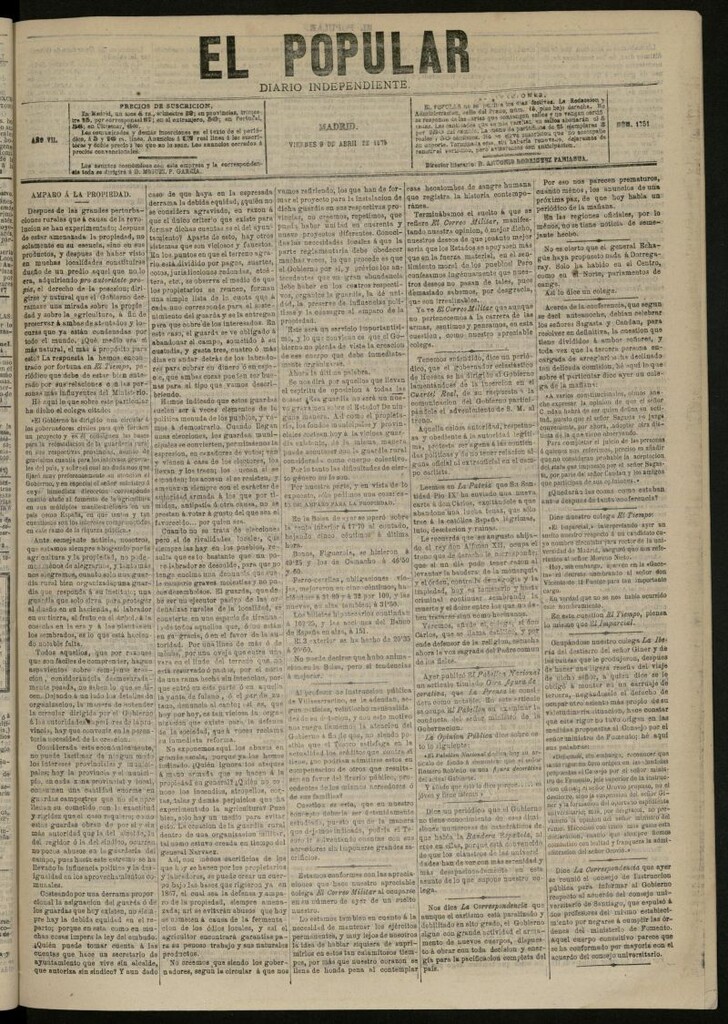 Miniatura de El Popular: diario independiente, político, literario y de noticias de interés general del 9 de abril de 1875, nº 1751